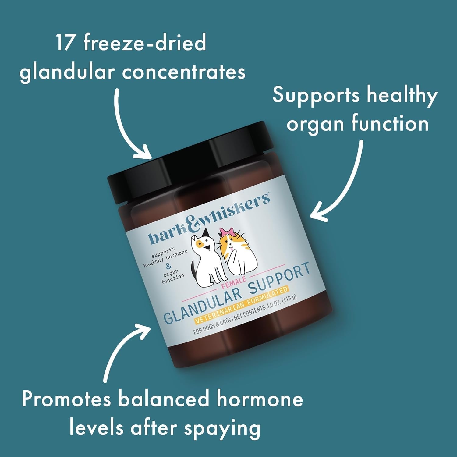 Bark & Whiskers Female Glandular Support, Supports Healthy Hormone and Organ Function Dr. Mercola (113 G), 75 Scoops