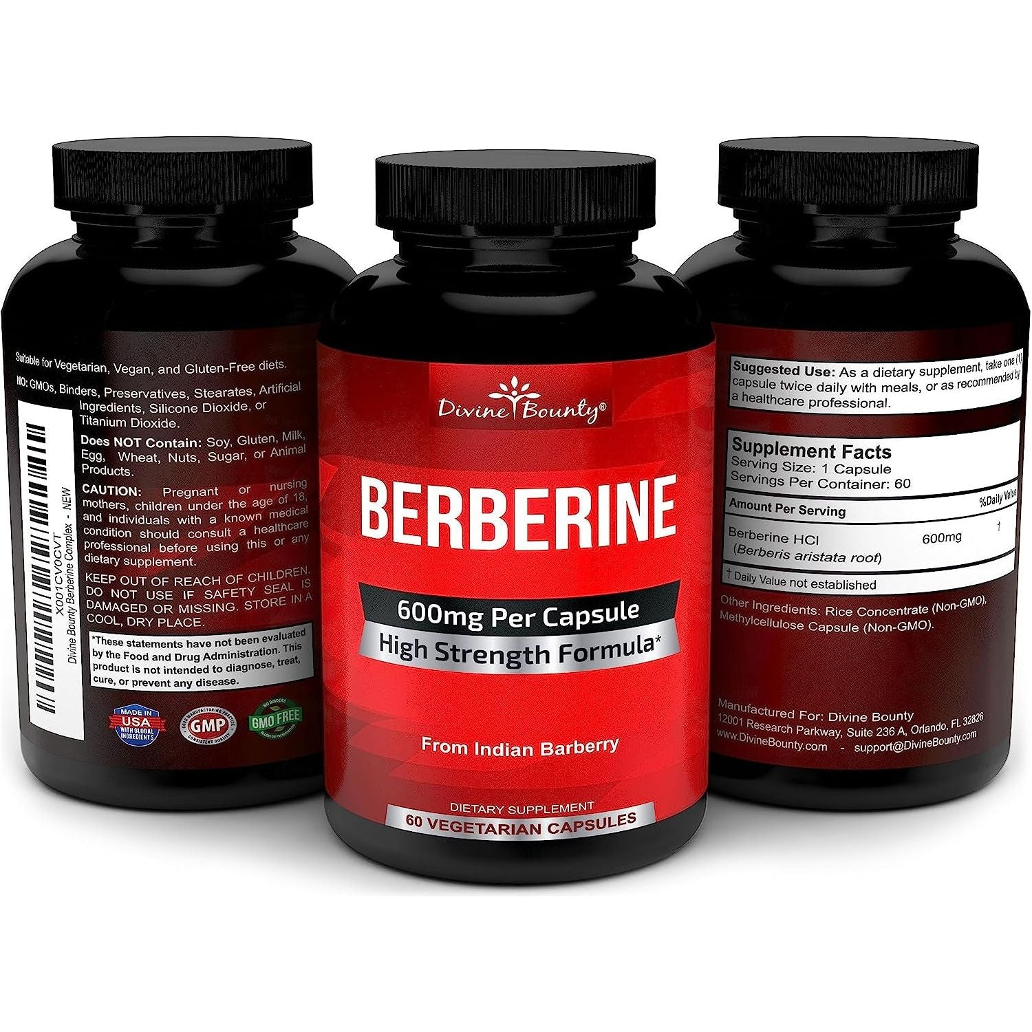Divine Bounty Pure Berberine Complex - 600Mg per Capsule Berberine Hcl Supplement - 60 Vegetarian Capsules