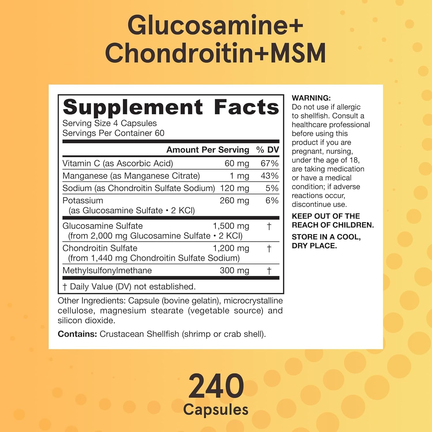 Jarrow Formulas Glucosamine + Chondroitin + MSM Capsules, Joint Support Supplement with Vitamin C and Manganese, 240 Capsules,
