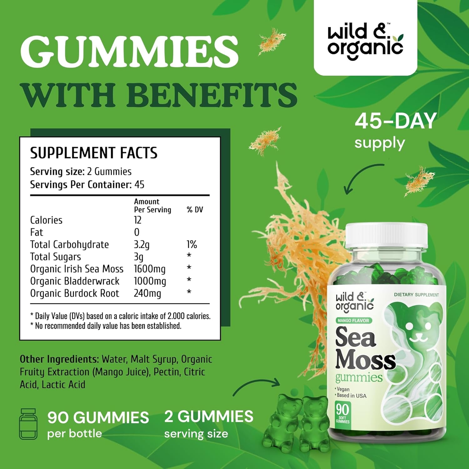 Wild & Organic Irish Sea Moss Gummies 1600 Mg for Overall Support - Chondrus Crispus - 90 Vegan