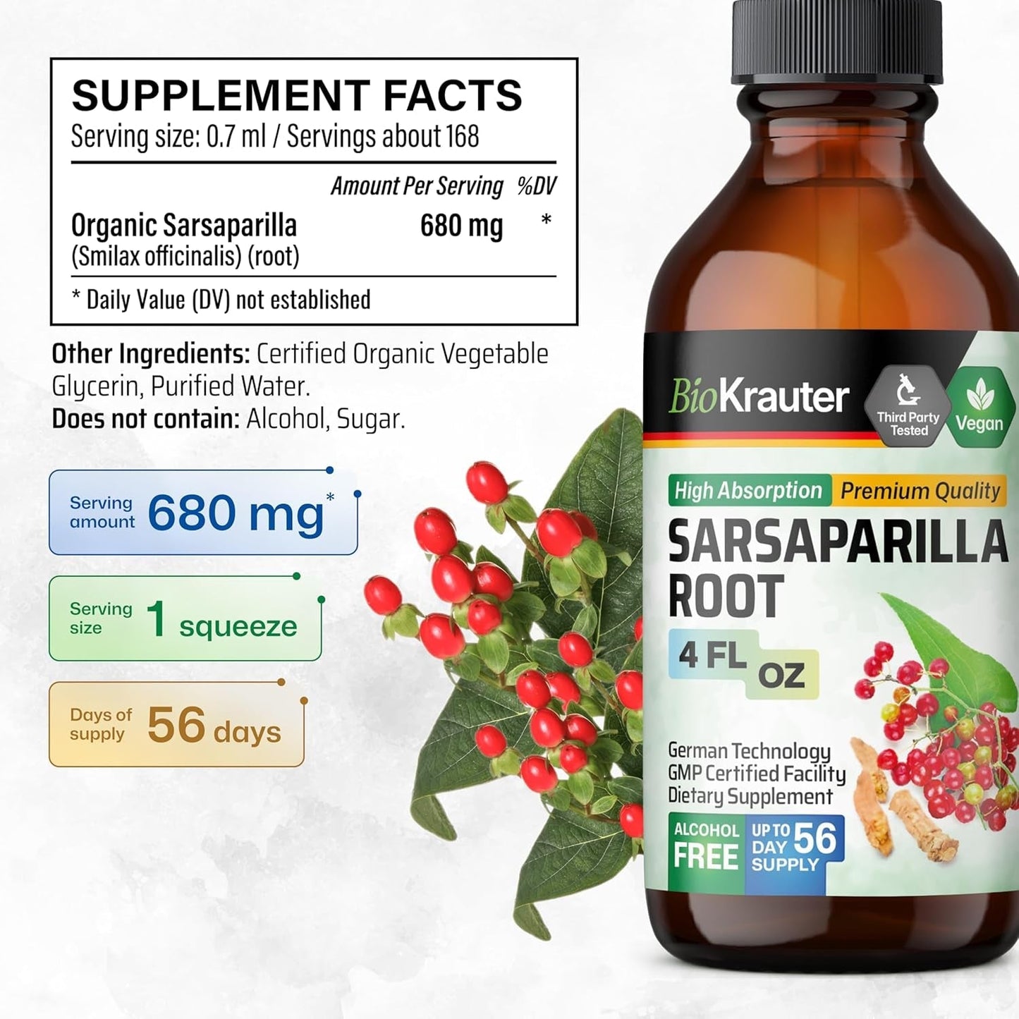 BIO KRAUTER Sarsaparilla Root Tincture for Liver Support 4 Fl.Oz.