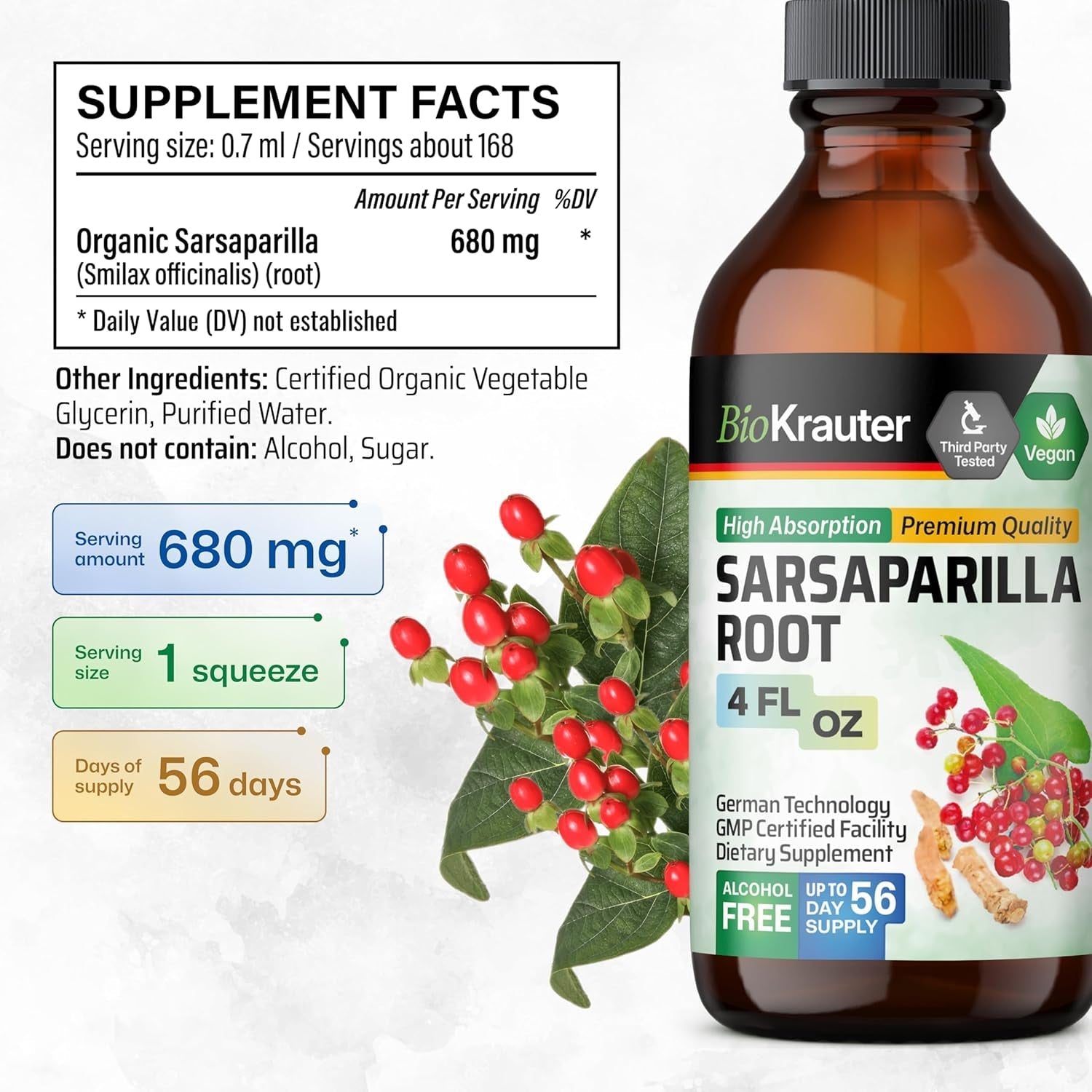 BIO KRAUTER Sarsaparilla Root Tincture for Liver Support 4 Fl.Oz.