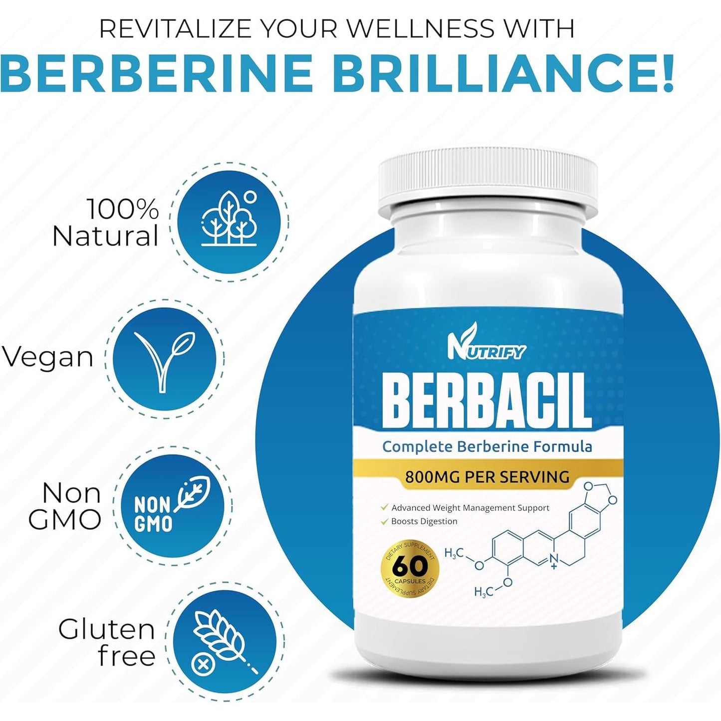 Berbacil - 100% Pure Berberine, Highest Absorption, 800Mg, GMO Free, Made in USA