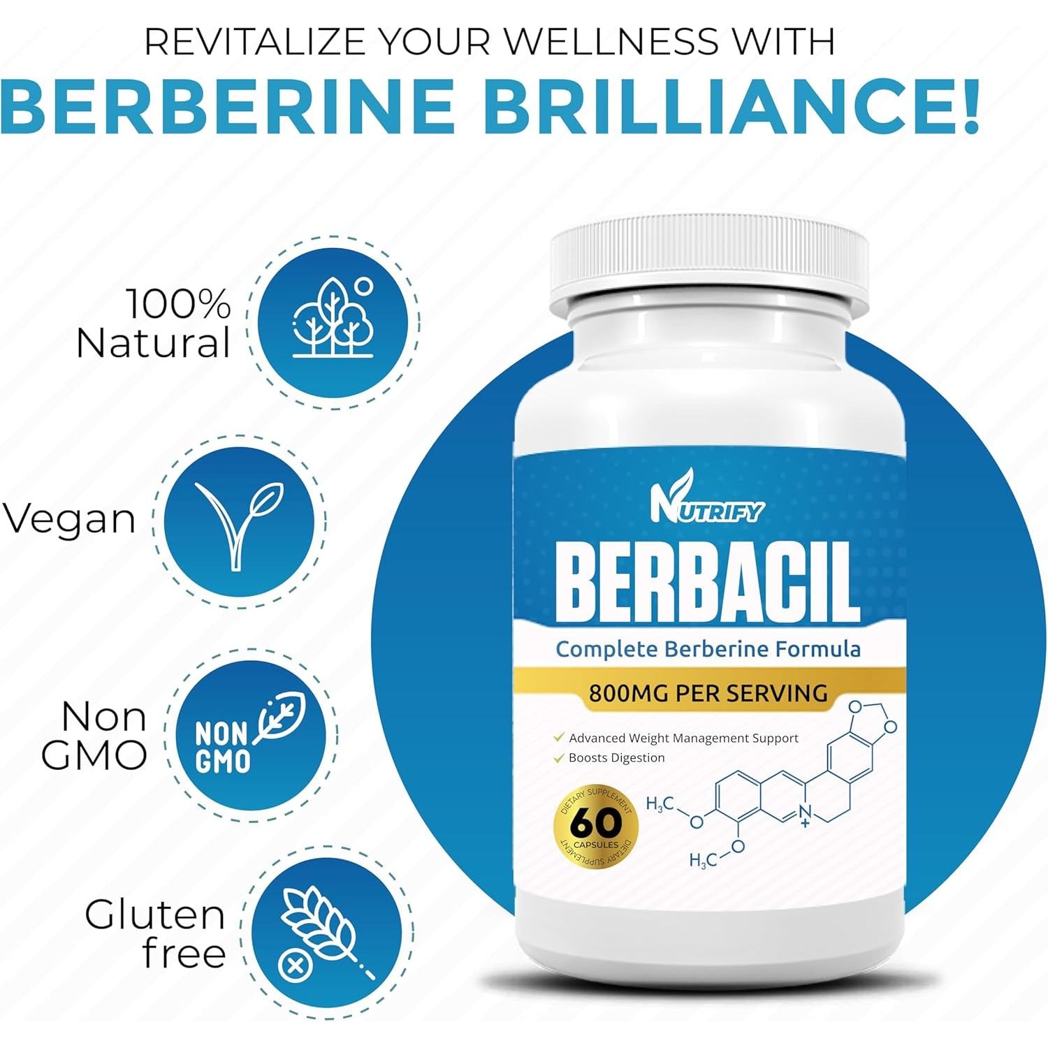 Berbacil - 100% Pure Berberine, Highest Absorption, 800Mg, GMO Free, Made in USA