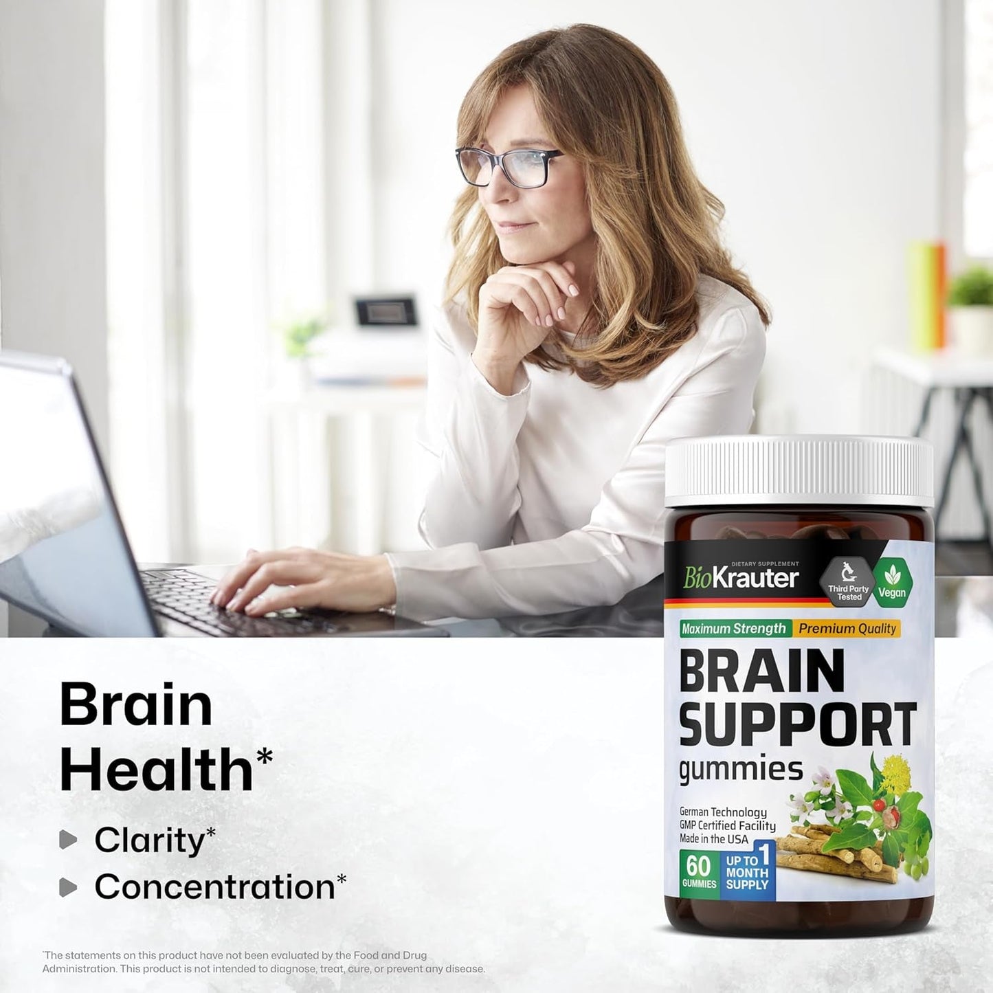 BIO KRAUTER Brain Support Gummies - Natural Brain Supplement - 60 Vegan Chews 