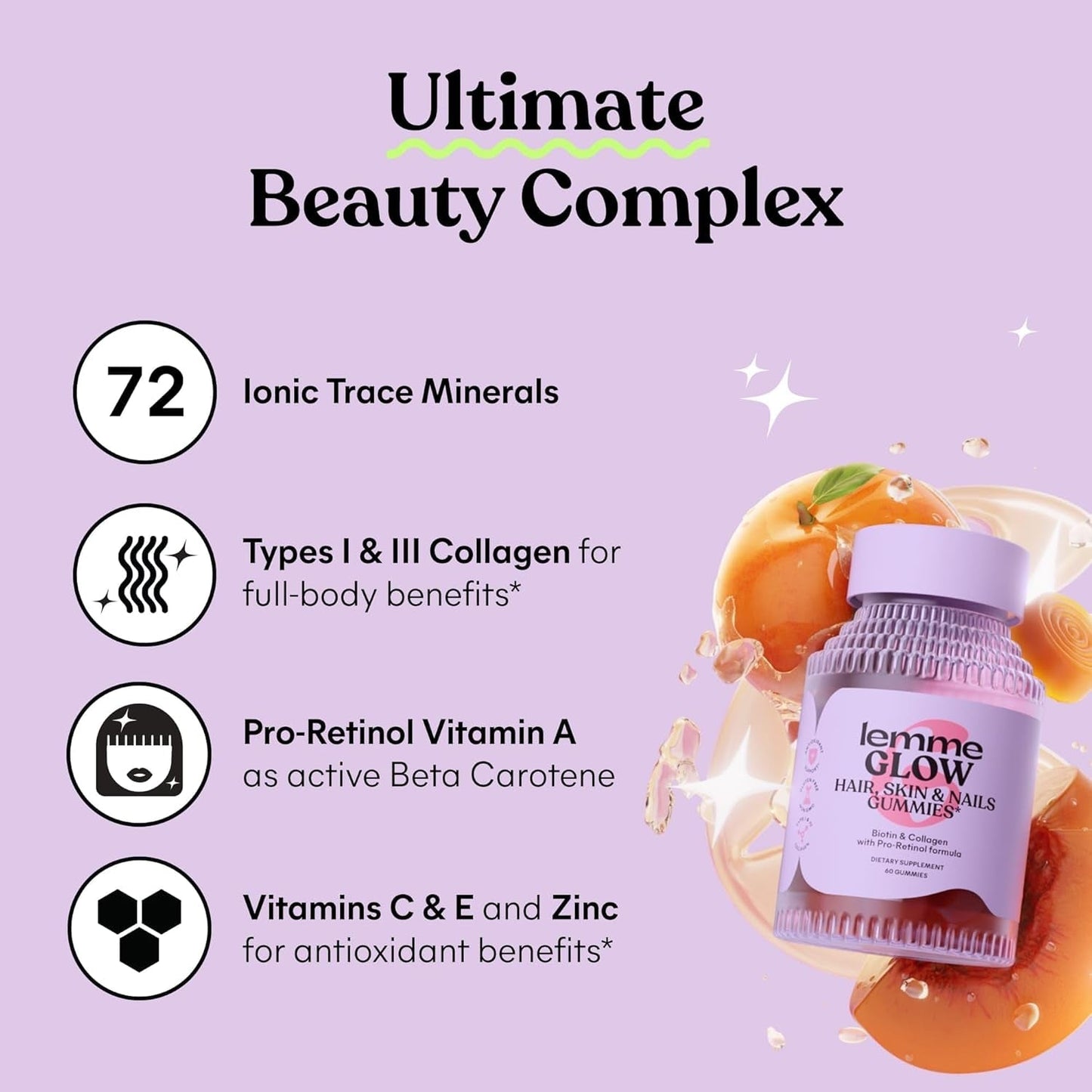 Lemme Glow Collagen Gummies for Thick Hair, Strong Nails & Healthy Skin, Peach Flavor, 60 Count