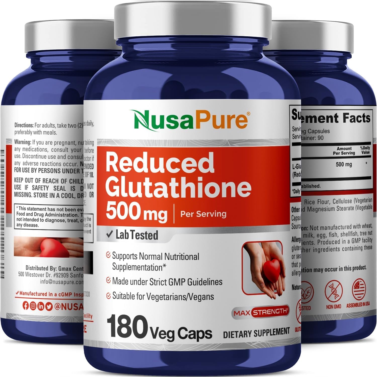 Nusapure Reduced Glutathione 500Mg 180 Veggie Capsules (Vegan,Non-Gmo) L-Glutathione