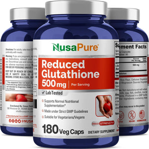 Nusapure Reduced Glutathione 500Mg 180 Veggie Capsules (Vegan,Non-Gmo) L-Glutathione