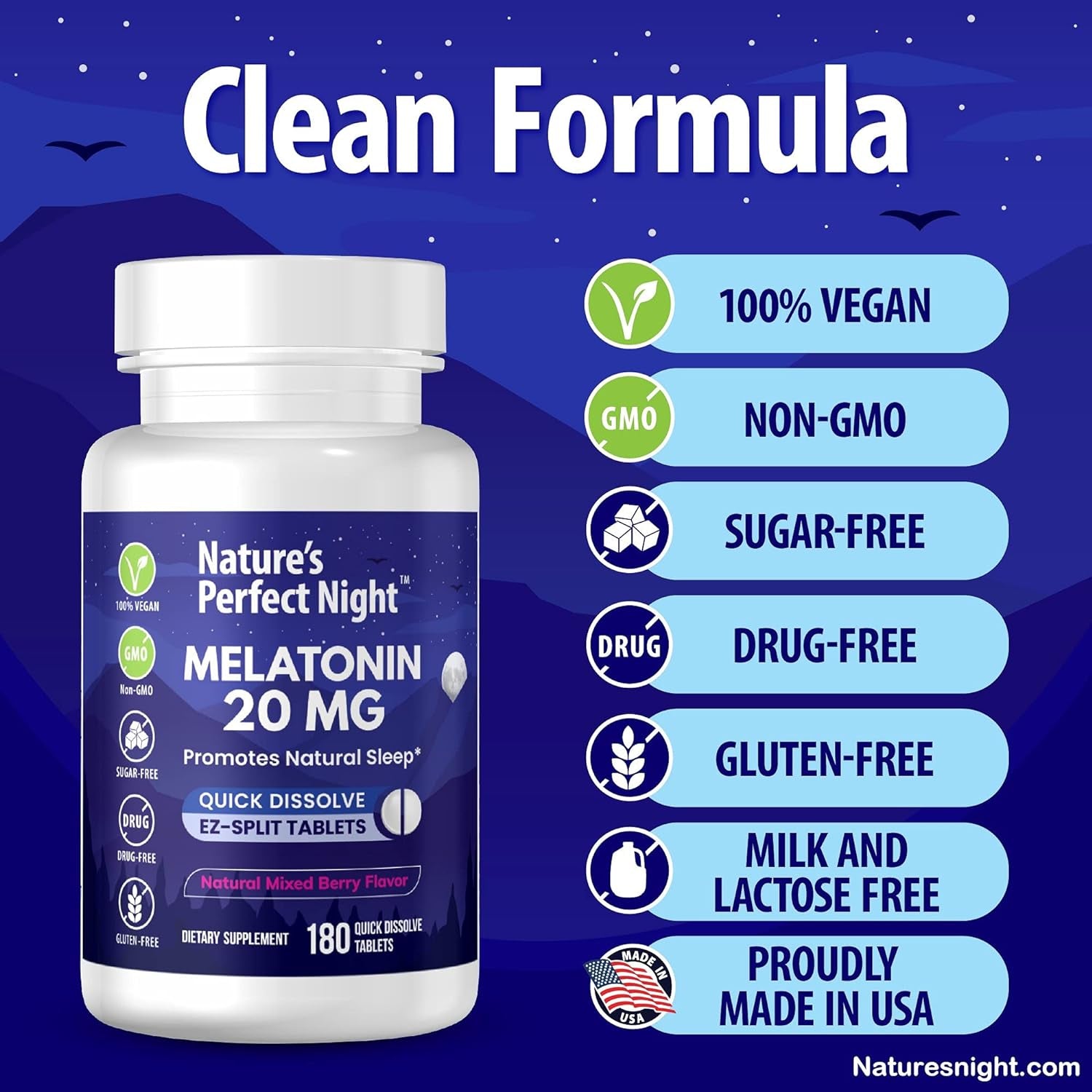 Nature'S Perfect Night | Melatonin 20Mg | 180 Quick Dissolve Tablets | Natural Mixed Berry Flavor |High Potency | Sugar Free | Vegan | Gluten Free | Value Size