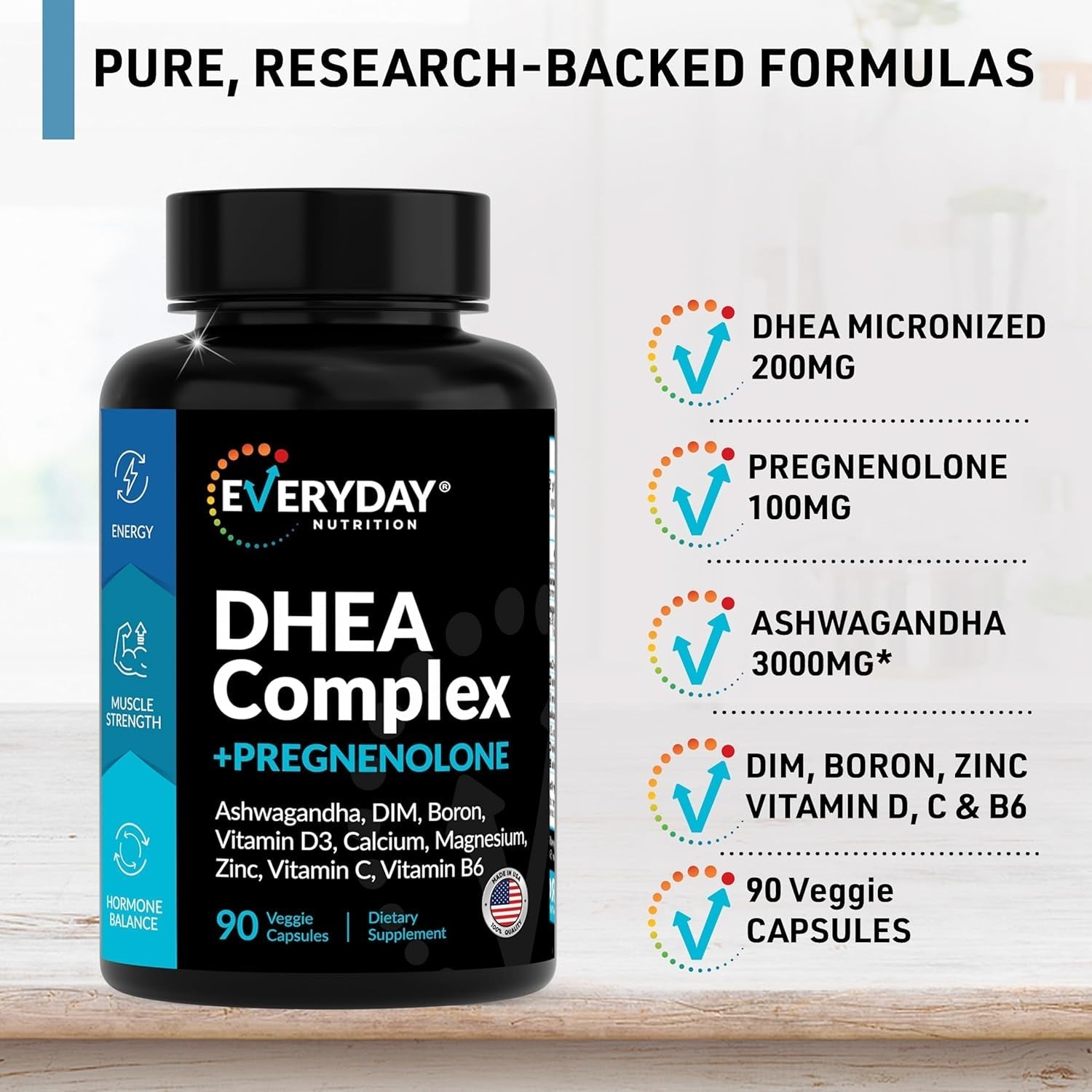 DHEA Micronized 200Mg Complex with Pregnenolone 100Mg Hormone Support - Made in USA 90 Capsules