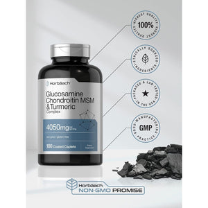 Horbäach Glucosamine Chondroitin with Turmeric & MSM | 4050 Mg | 180 Caplets | Triple Strength Formula