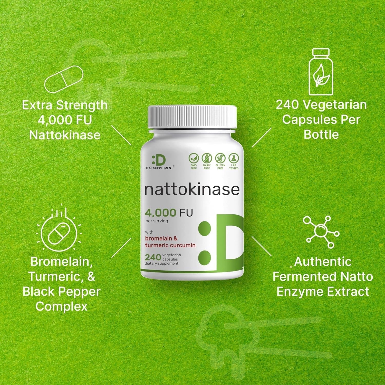 DEAL SUPPLEMENT Nattokinase 4,000 FU per Serving, 240 Capsules  Heart Health & Digestive Enzymes