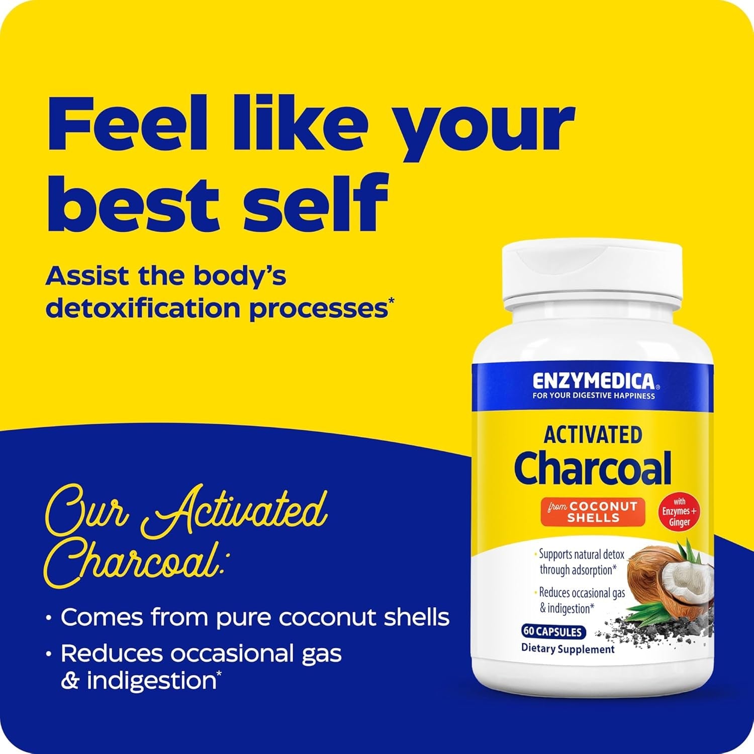 Enzymedica, Activated Charcoal, Reduces Occasional Gas, Bloating & Indigestion, Supports Natural Detox, 60 Count