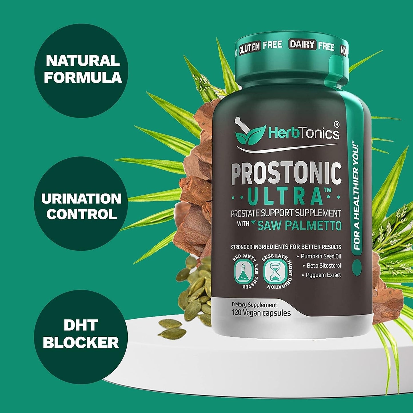 Herbtonics Prostate Support Supplement for Men'S Health - Promotes Prostate Health & Less Urination - 120 Capsules