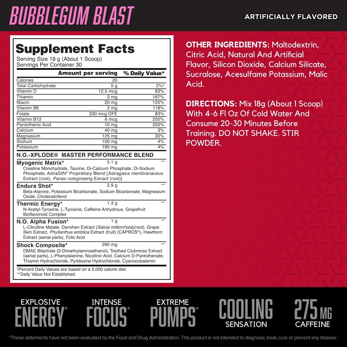 BSN N.O.-XPLODE Cool Rush Pre Workout Powder with Creatine and Beta-Alanine, Bubblegum Blast, 30 Servings