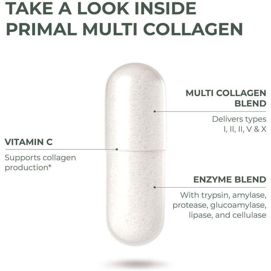Primal Harvest Multi Collagen Pills for Women and Men (Type I, II, III, V, X) 120 Capsules W/Vitamin C