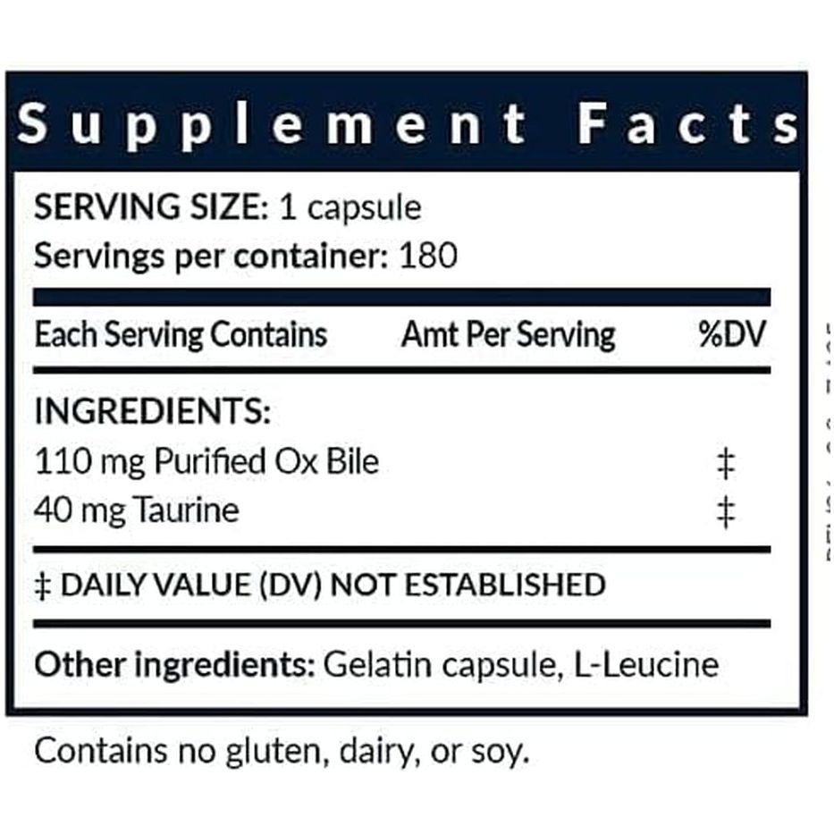 Bile Salts Booster | Supports Gallbladder/No Gallbladder | Gas & Bloating | Digestive Aid Especially Fats | 180 Capsules - 110 Mg