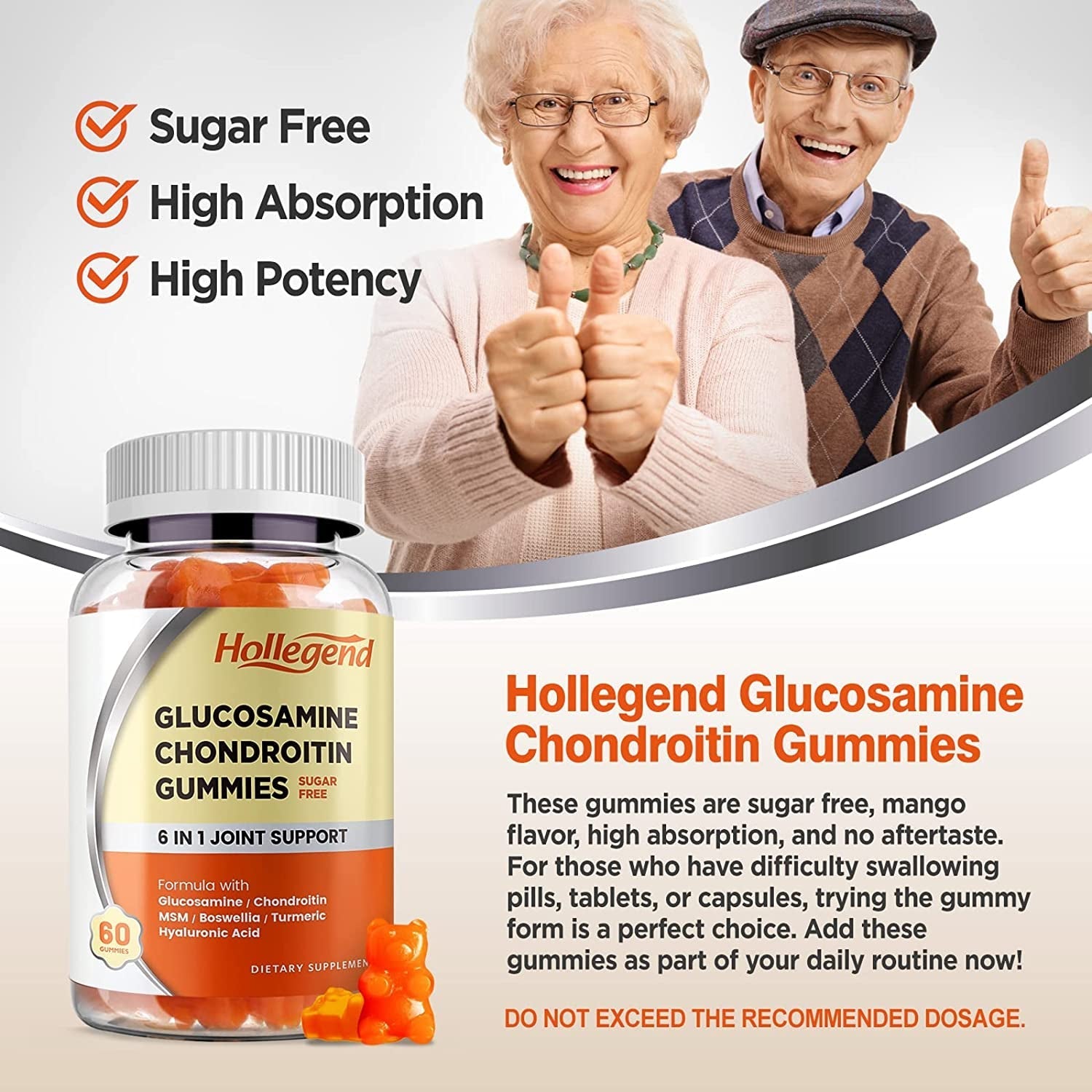 Glucosamine Chondroitin Gummies Sugar Free, Joint Support Gummies Supplements, 1500Mg Glucosamine Chewables with MSM Turmeric, 120 Count