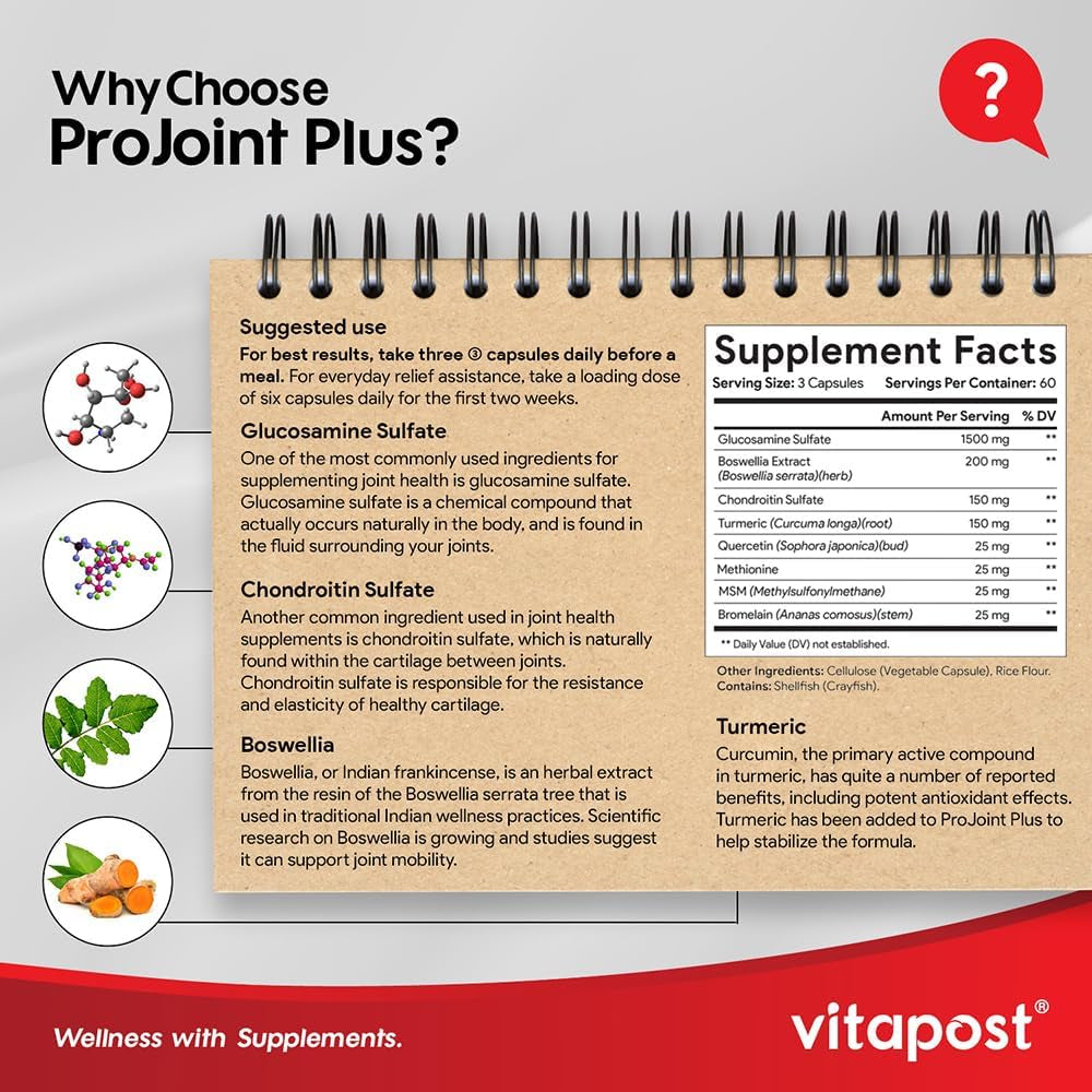 Projoint plus Joint Support Supplement with Glucosamine Sulfate, Chondroitin, MSM, Turmeric, Boswellia & Bromelain - 180 Capsules