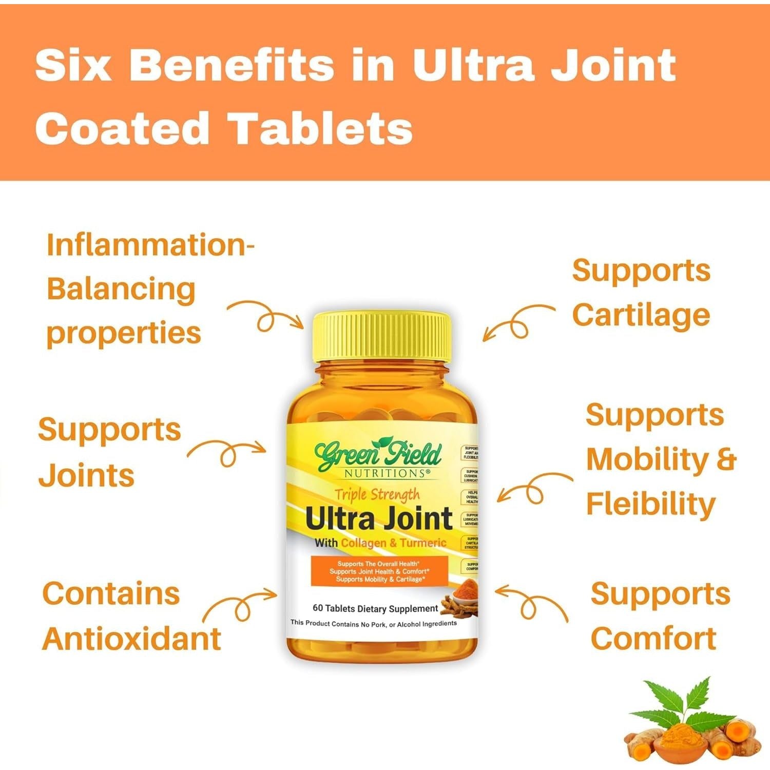Greenfield Nutritions Ultra Joint Halal Vitamins - Glucosamine Chondroitin/Msm with Turmeric, Collagen, Vitamin C, and Manganese 60 Halal Tablets