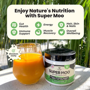 Super MOO Grass Fed Bovine Colostrum Powder for Bloating, Immune, Energy, Gut Health Hair, Skin and Nails 