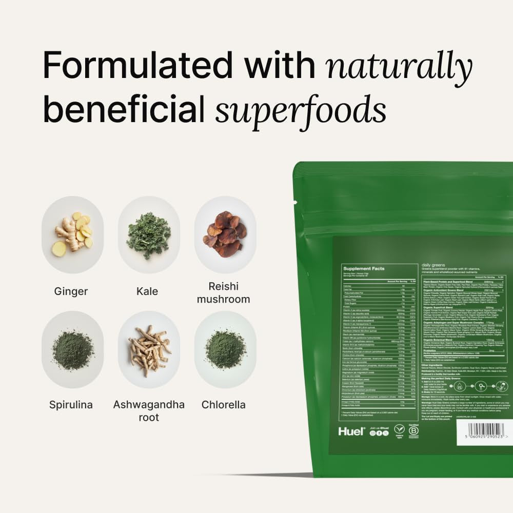 Huel Daily Greens | Superfood Greens Powder | 91 Vitamins, Minerals, and Wholefood-Sourced Ingredients 30 Servings