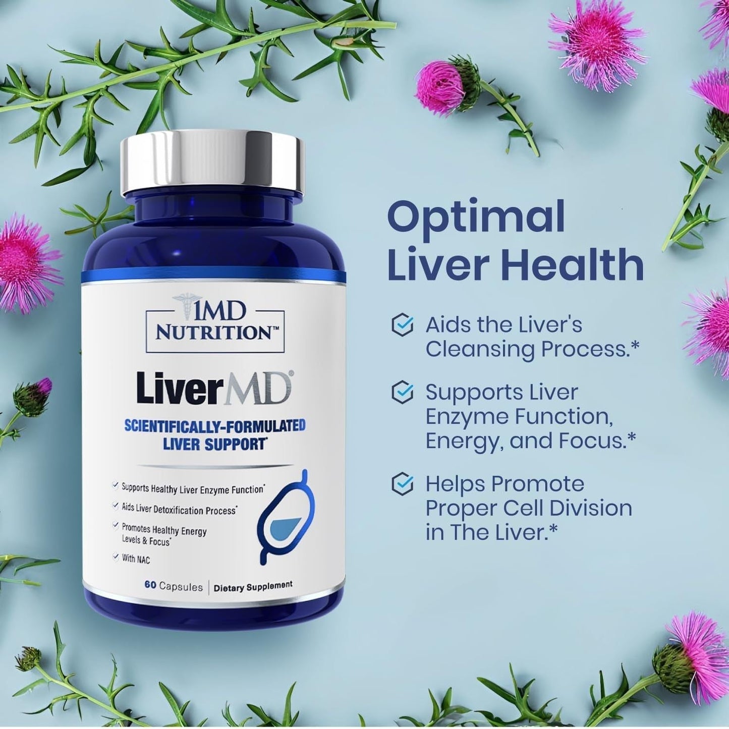 1MD Livermd - Liver Support Supplement | Siliphos Milk Thistle Extract 60 Capsules