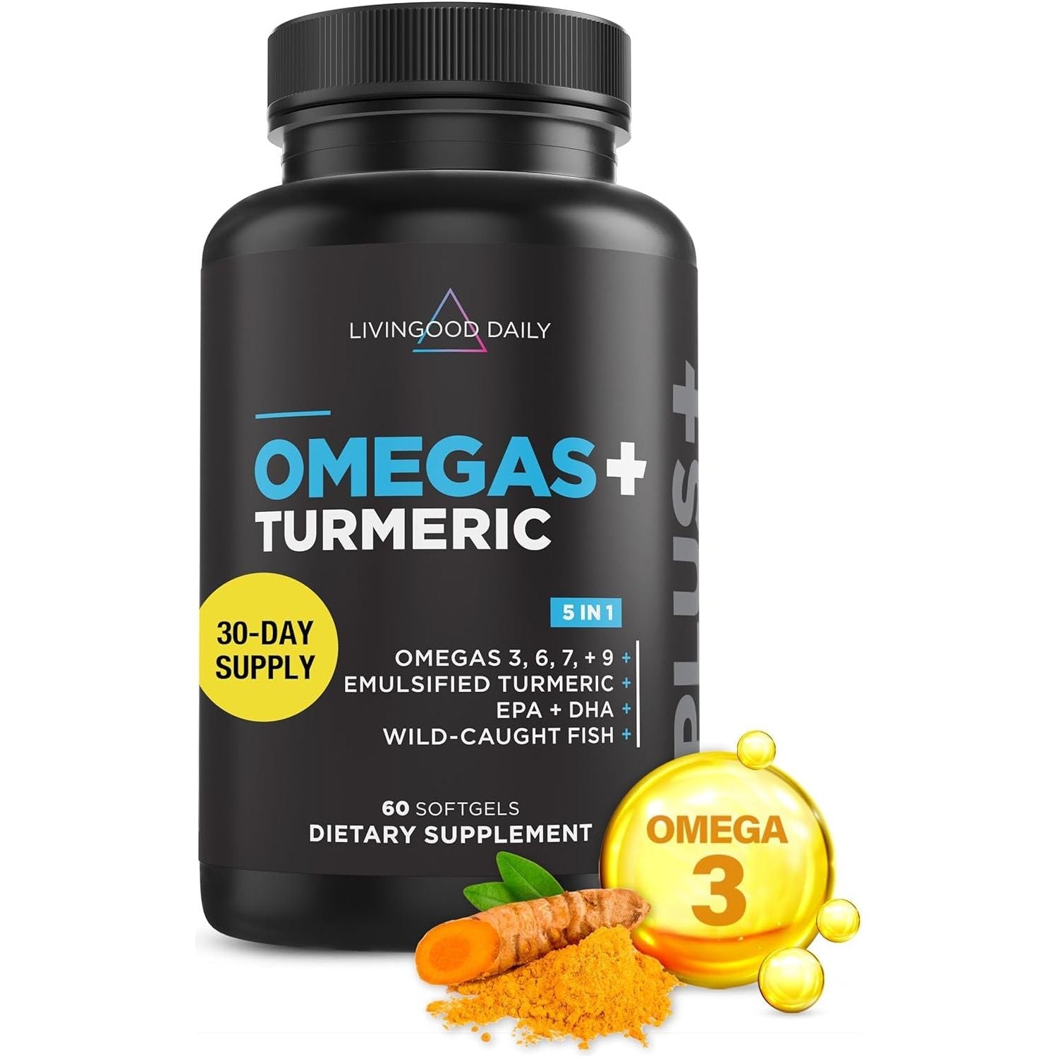 Livingood Daily Omega 3 6 9 plus Turmeric Curcumin - Supports Heart Health - 60 Softgels
