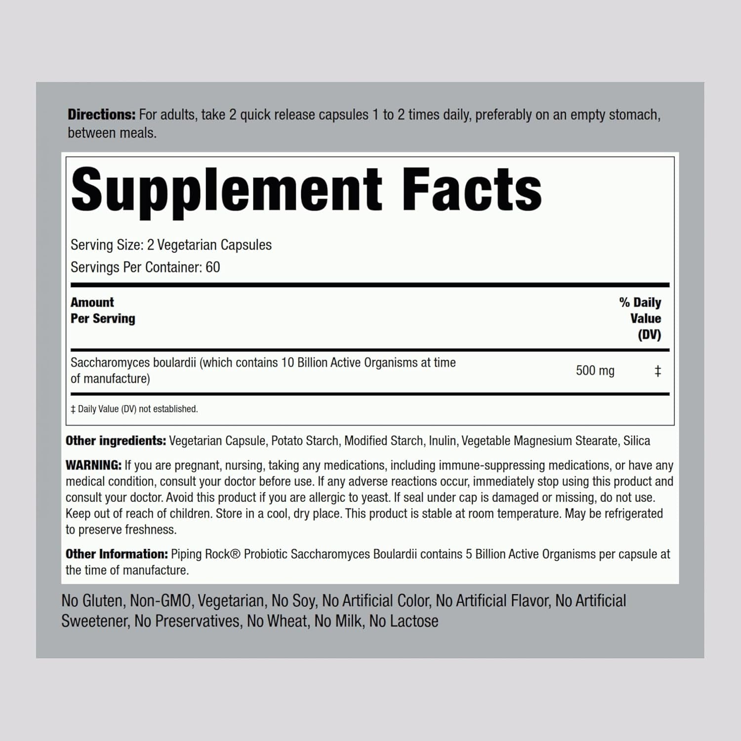 Piping Rock Saccharomyces Boulardii | 5 Billion Cfus | 120 Capsules | Non-Gmo, Gluten Free Supplement