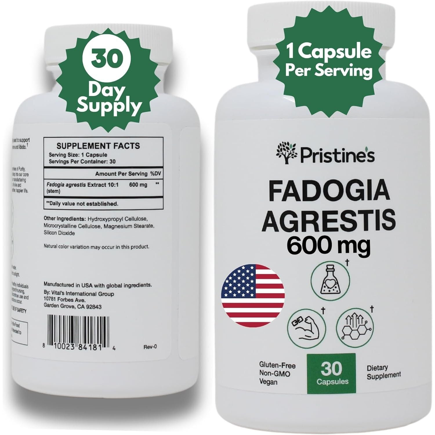 PRISTINE'S Fadogia Agrestis 600MG - Sports Nutrition Testosterone Booster Support Capsules 30-Day Supply