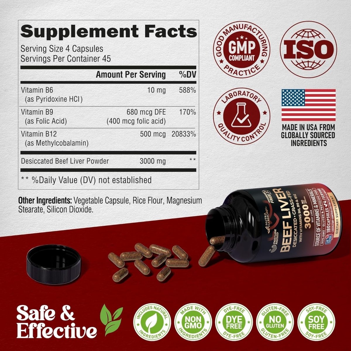 Beef Liver Capsules 3000 Mg - Organic Desiccated Beef Liver 180 Capsules - Suppviv