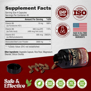 Beef Liver Capsules 3000 Mg - Organic Desiccated Beef Liver 180 Capsules - Suppviv