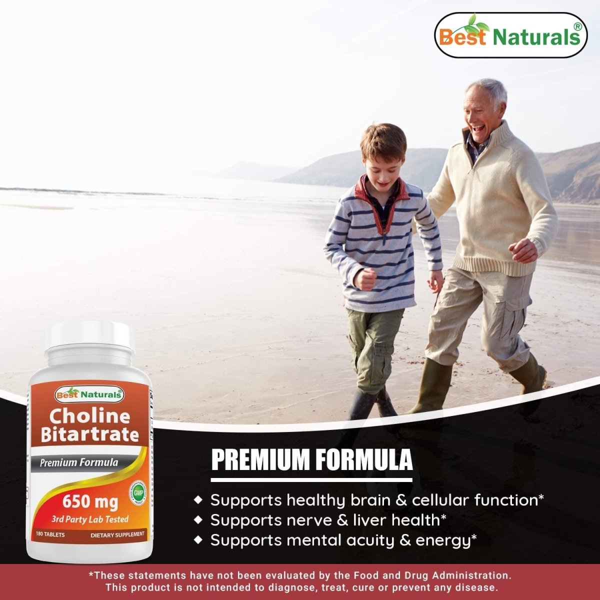 Best Naturals Choline Bitartrate 650 Mg (Non - Gmo) for Healthy Cognitive Brain Function 180 Tablets - Suppviv