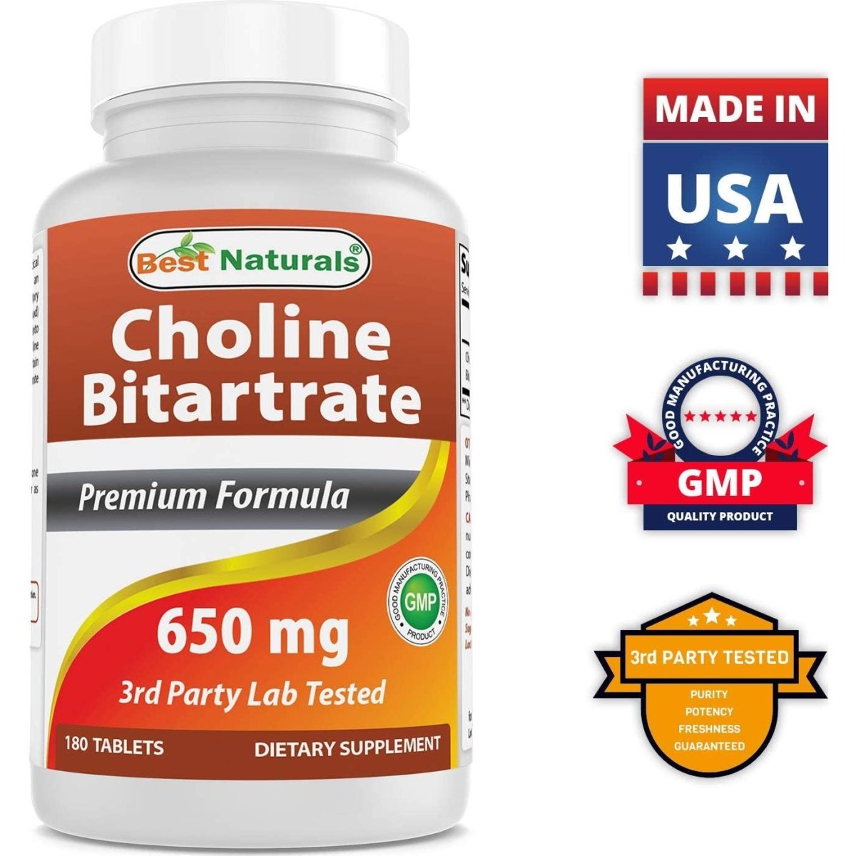 Best Naturals Choline Bitartrate 650 Mg (Non - Gmo) for Healthy Cognitive Brain Function 180 Tablets - Suppviv