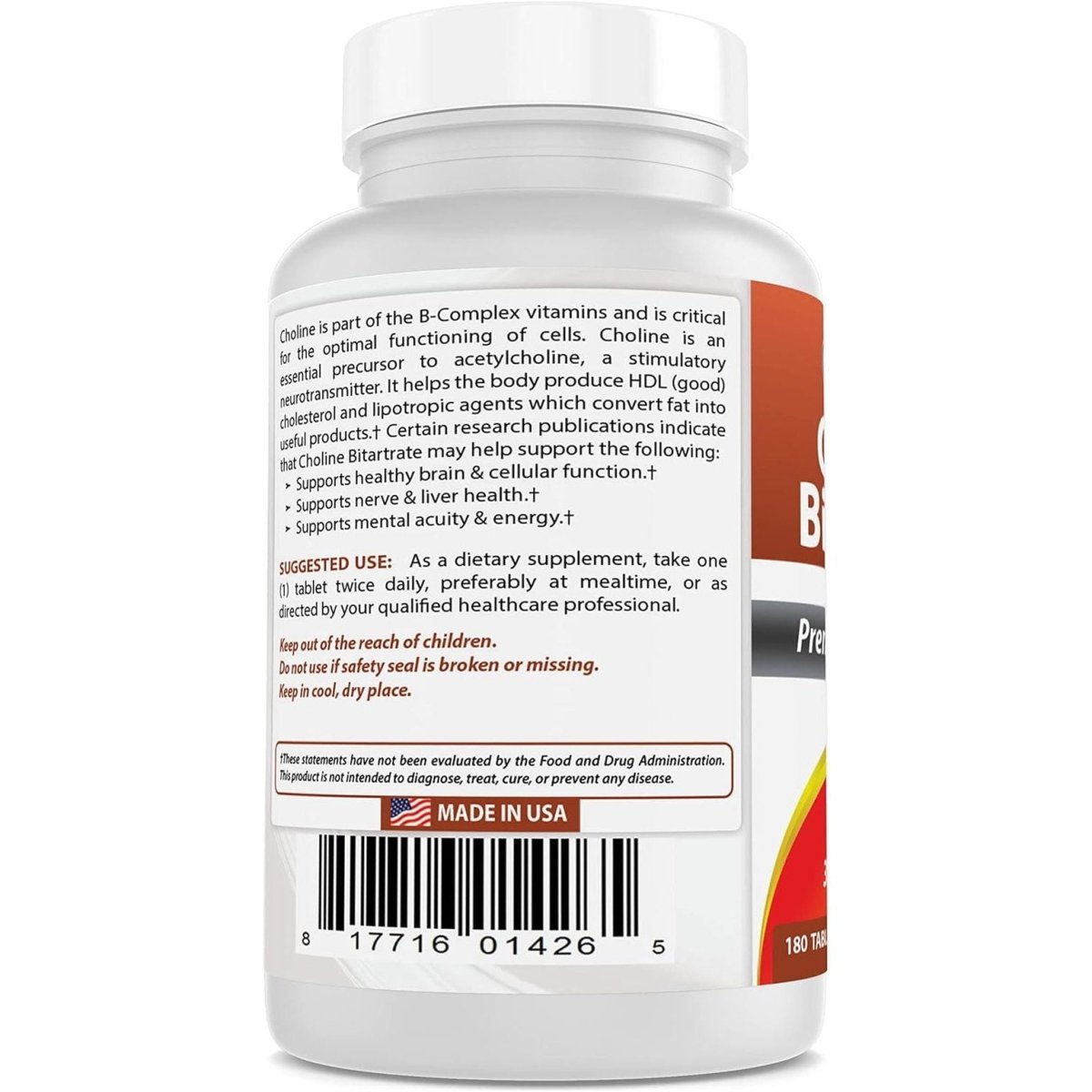 Best Naturals Choline Bitartrate 650 Mg (Non - Gmo) for Healthy Cognitive Brain Function 180 Tablets - Suppviv