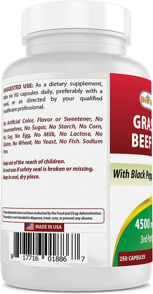 Best Naturals Grass Fed Beef Liver Capsules 4500Mg 250 Count - Suppviv