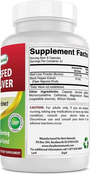 Best Naturals Grass Fed Beef Liver Capsules 4500Mg 250 Count - Suppviv