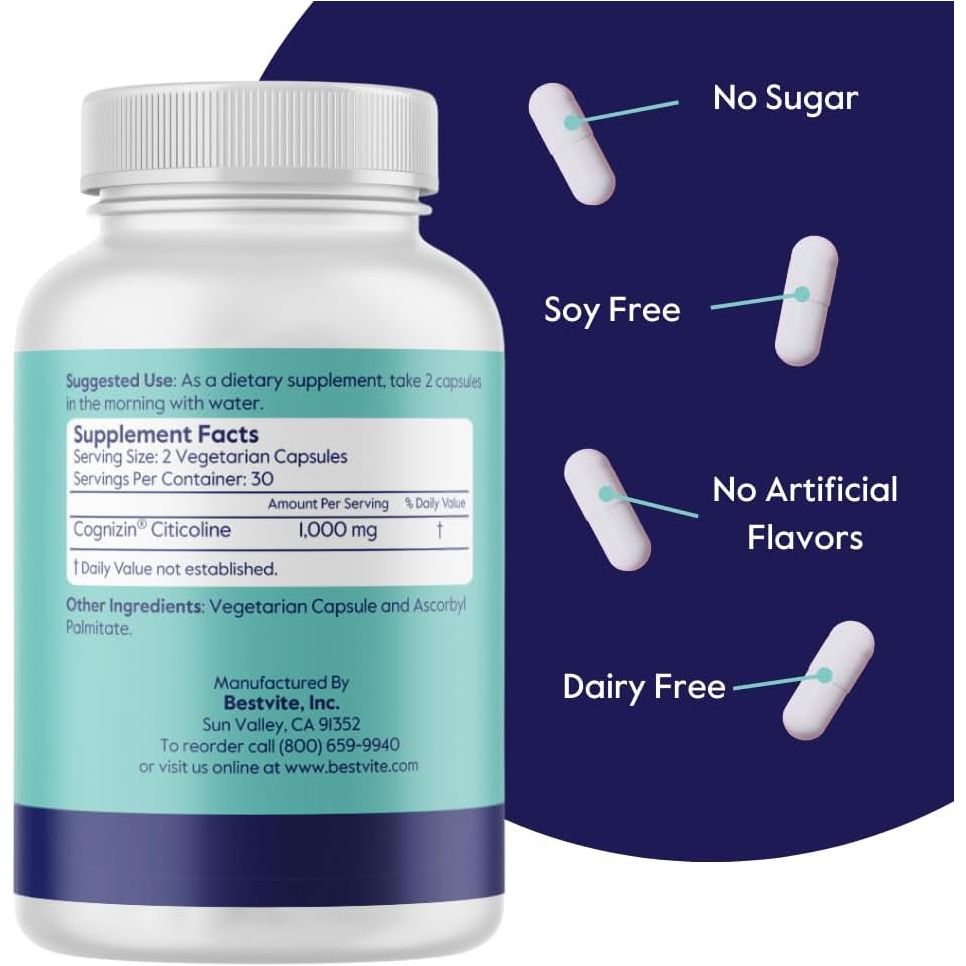 BESTVITE Cognizin 500Mg (60 Vegetarian Capsules) - Brain Supplements for Memory and Focus - Suppviv