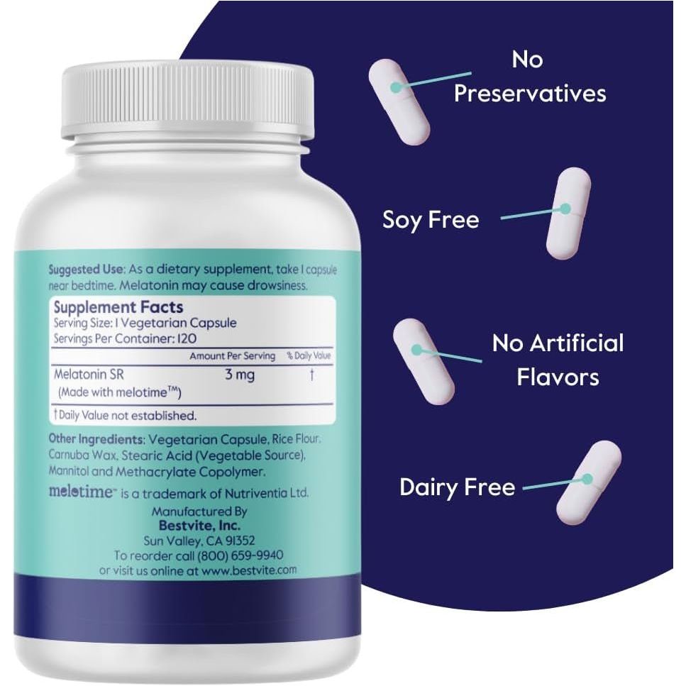 BESTVITE Melatonin SR 3Mg - Extended Release Melatonin (120 Capsules) - Suppviv