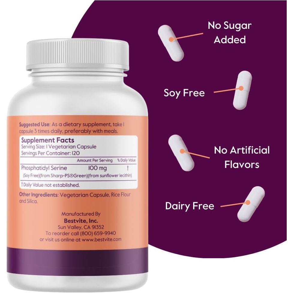 BESTVITE Phosphatidylserine 100Mg per Capsule (120 Vegetarian Capsules) with Sharp - Ps® Green - Suppviv