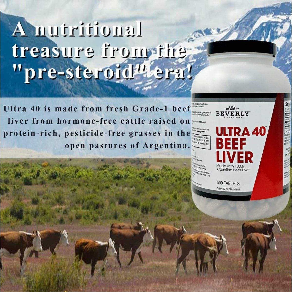 Beverly International Ultra 40 Grass Fed Desiccated Beef Liver, 500 Tab. - Suppviv
