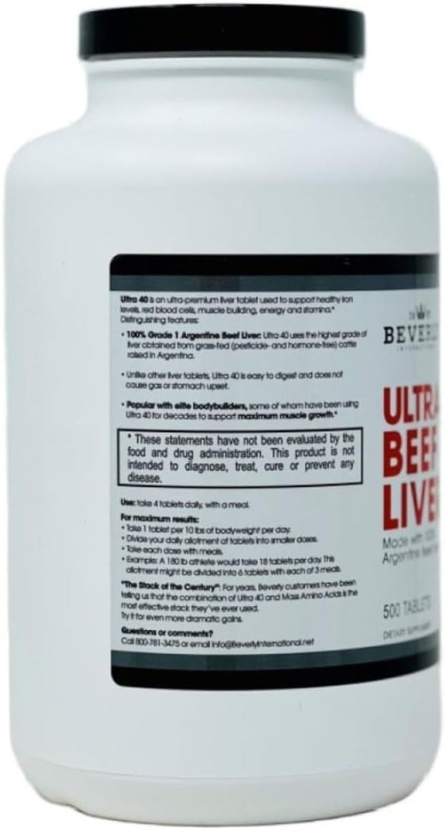 Beverly International Ultra 40 Grass Fed Desiccated Beef Liver, 500 Tab. - Suppviv