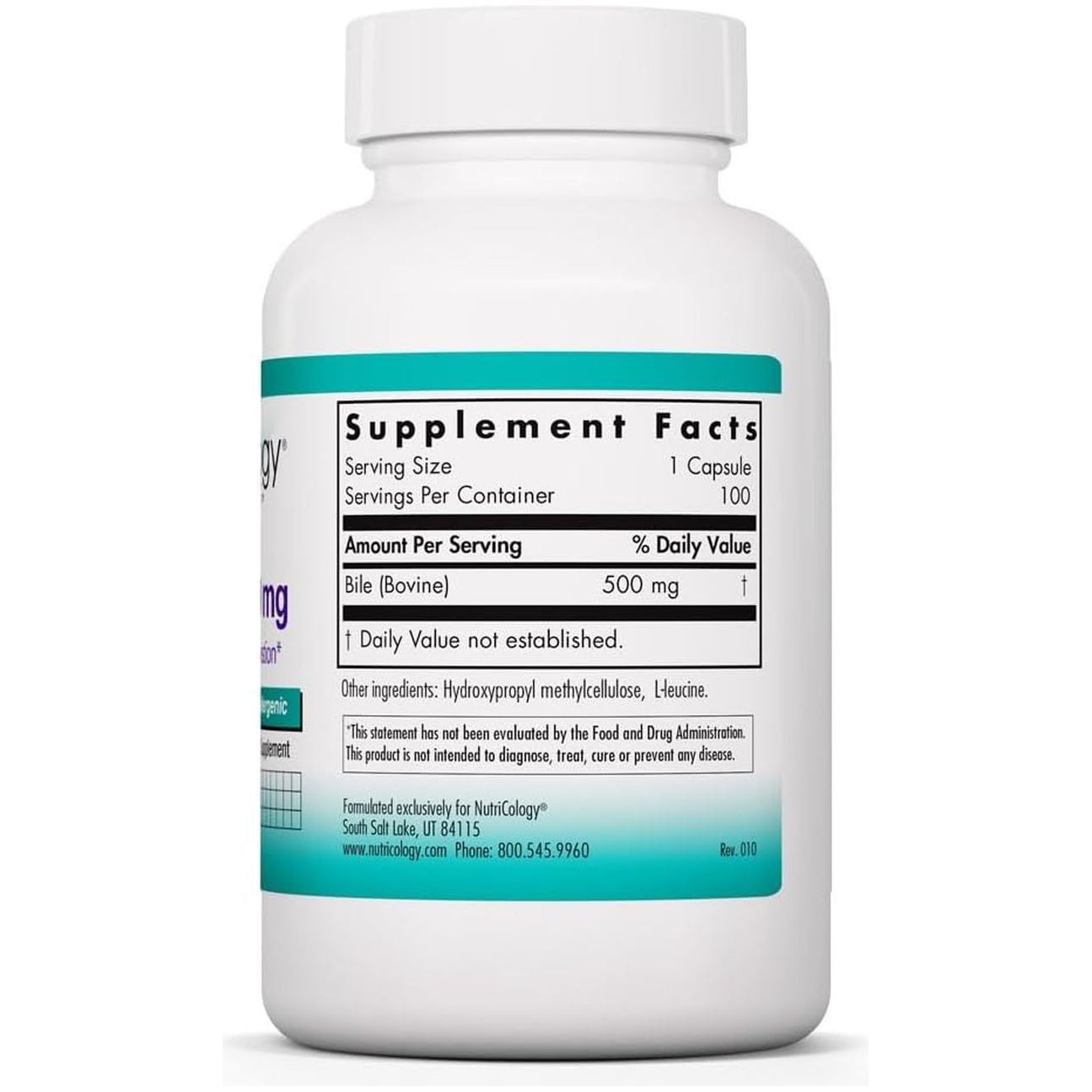 Nutricology Ox Bile 500 Mg for Gallbladder, Digestive Enzymes for Liver  - 100 Capsules