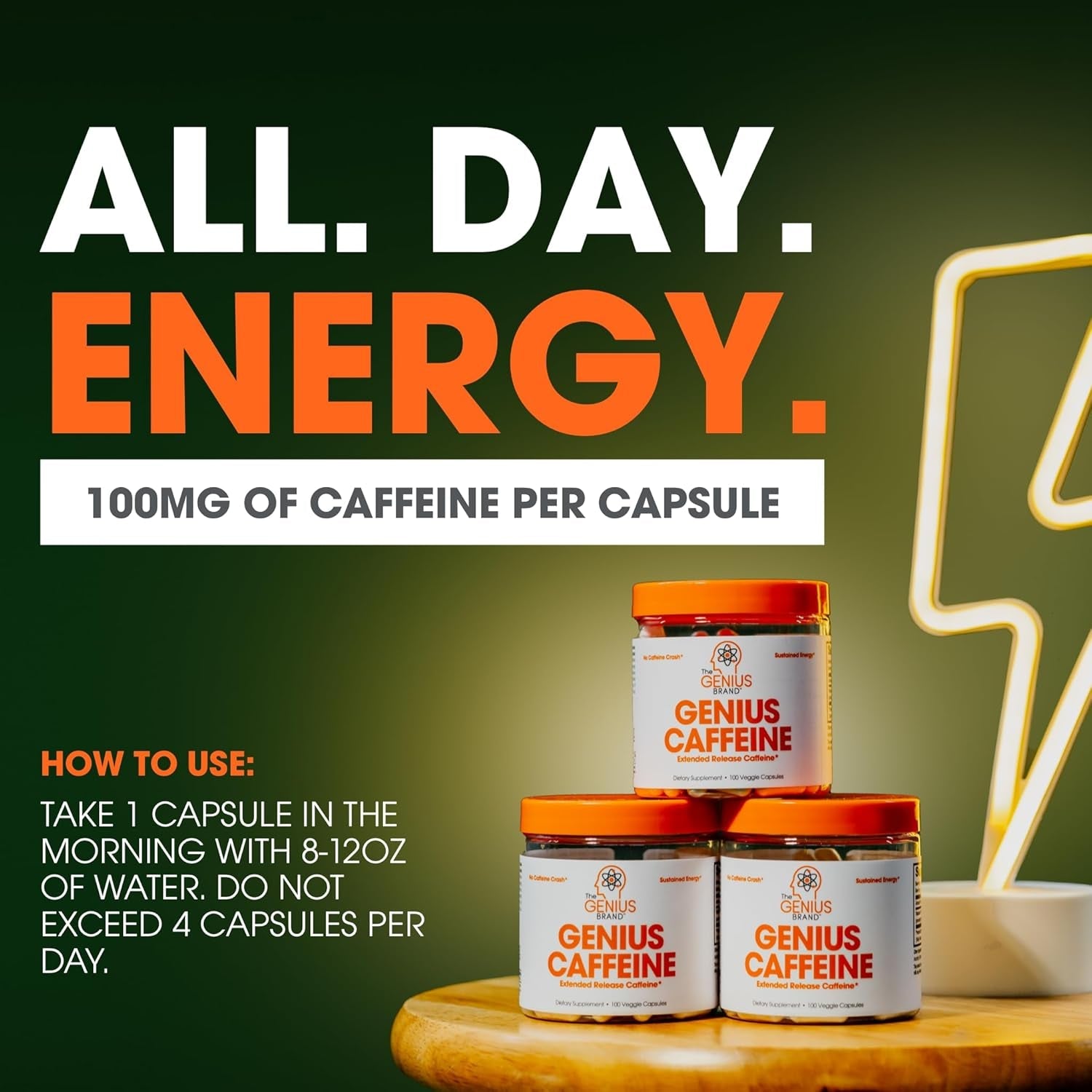 Genius Caffeine Pills 100Mg, Extended-Release Microencapsulated Caffeine Pills 100 Capsules