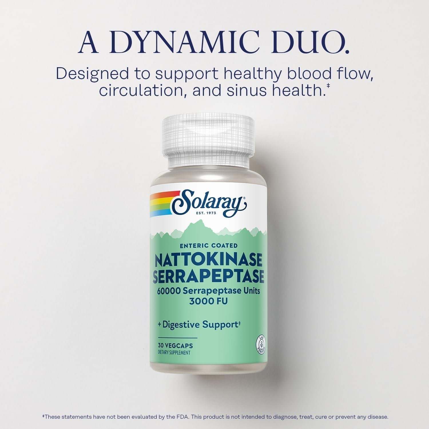 SOLARAY Nattokinase Serrapeptase Supplement - 3000 FU - Circulation, Cardiovascular, Sinus Support - 30 Servings