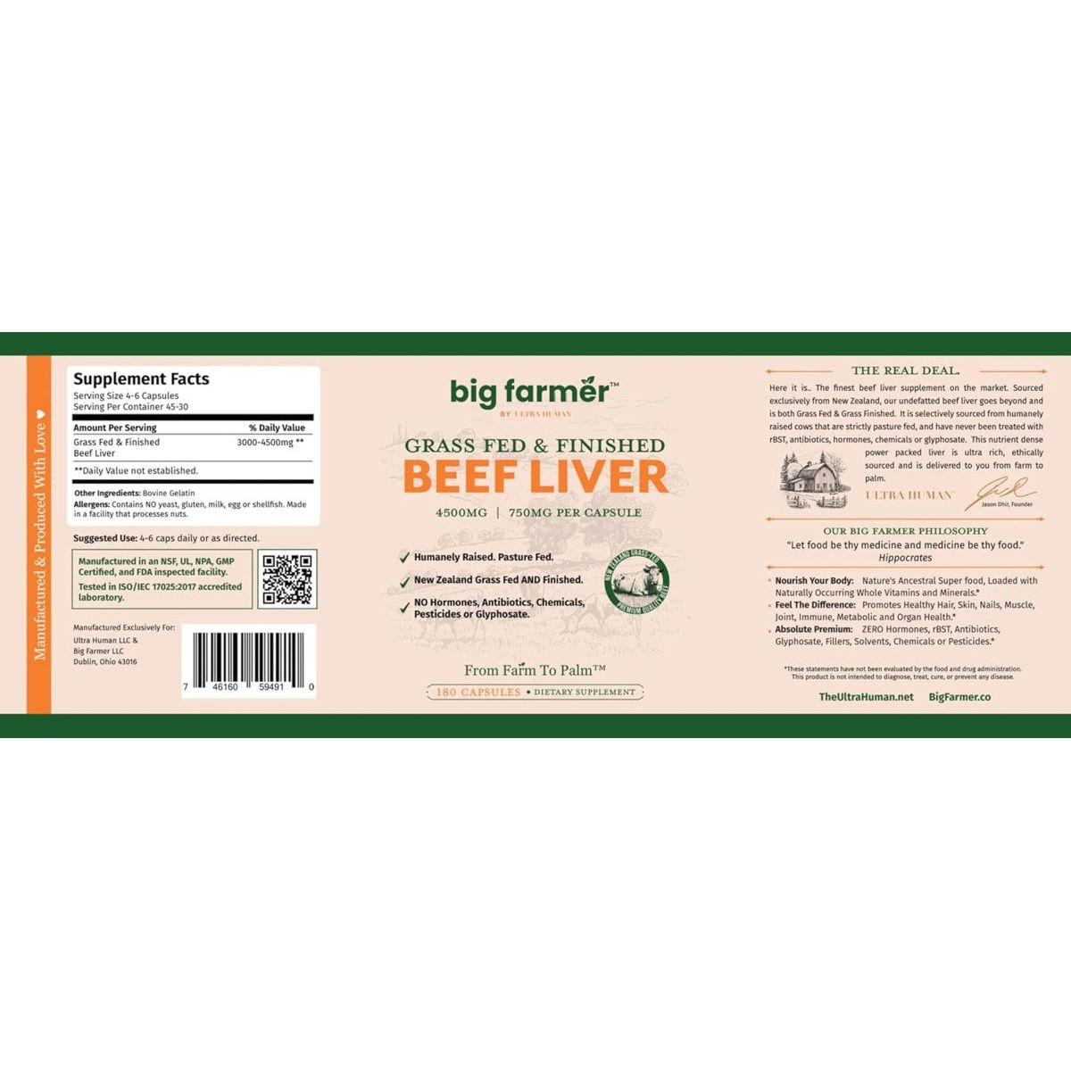 BIG FARMER Beef Liver - 180 Capsules - 100% Grass Fed & Finished Beef Liver - Suppviv