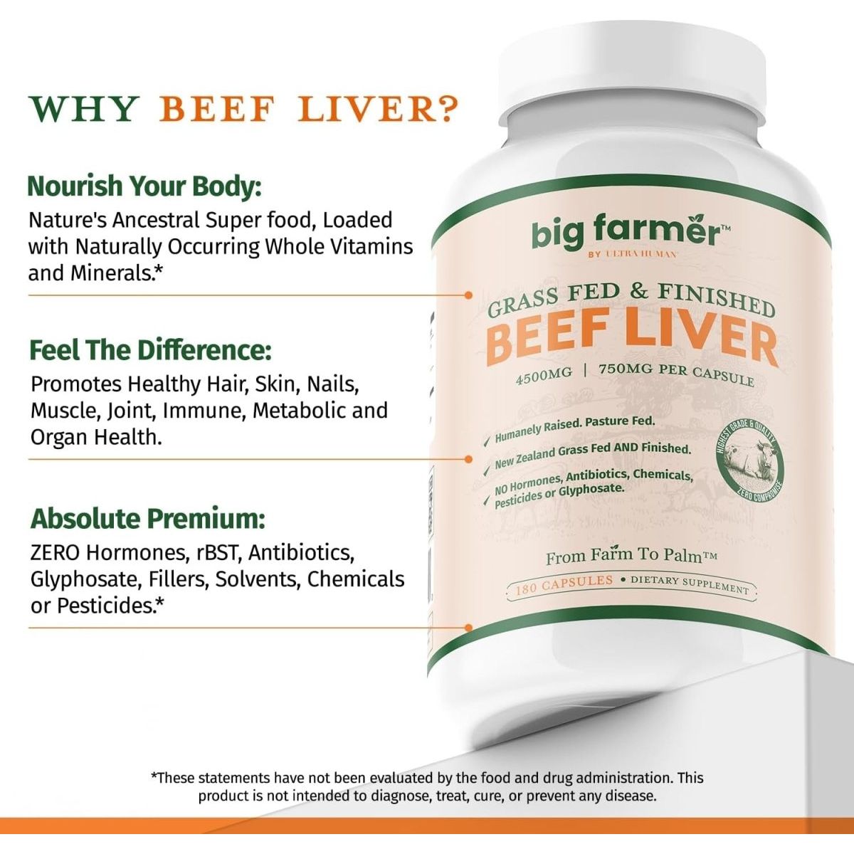 BIG FARMER Beef Liver - 180 Capsules - 100% Grass Fed & Finished Beef Liver - Suppviv