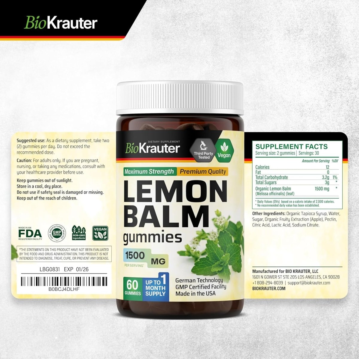 BIO KRAUTER Lemon Balm Gummies - 1500 Mg Strength - 60 Vegan Chews - Suppviv