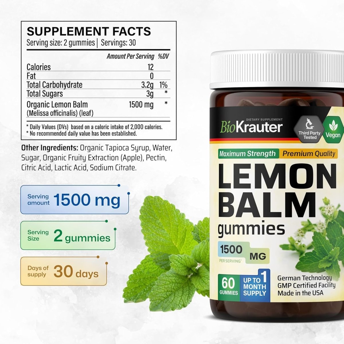 BIO KRAUTER Lemon Balm Gummies - 1500 Mg Strength - 60 Vegan Chews - Suppviv