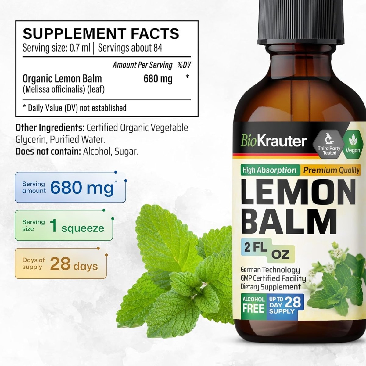 BIO KRAUTER Lemon Balm Leaf Extract - Calmness Support 2 Fl. Oz - Suppviv